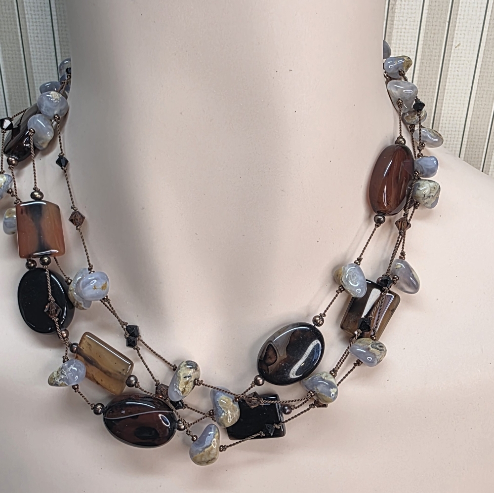Boho Multi Stone Agate Jasper Collar Necklace 14” Toggle